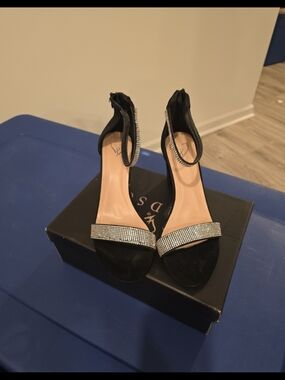 Black Rhinestone Ankle-Strap Heels by V S (Unbranded)
